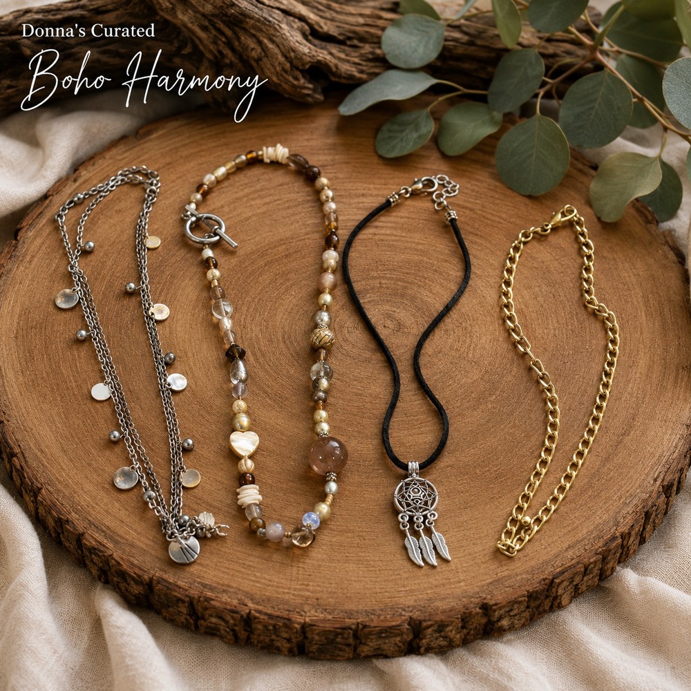 Donna's Curated Boho Harmony Necklace Collection Mixed Styles 4 Pc Jewelry Lot